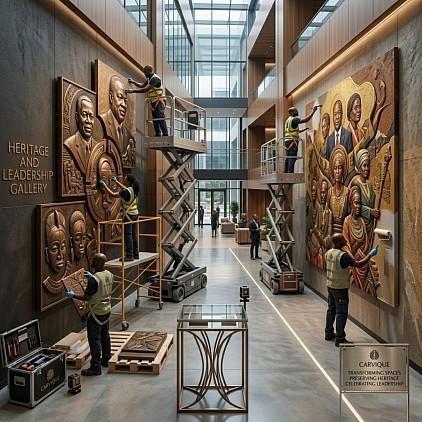 Wall art installation team transforming a corporate or institutional environment.